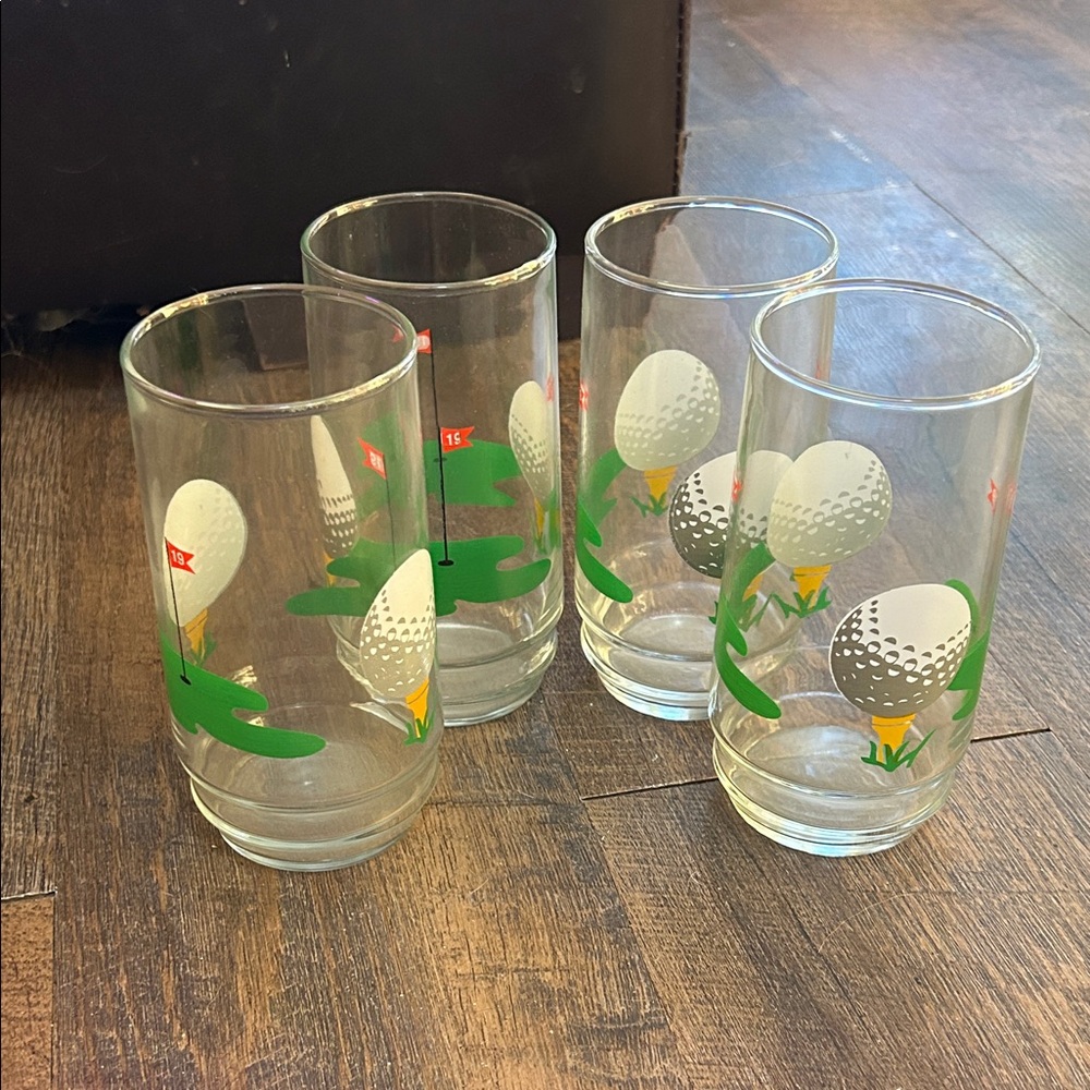 4 Indiana Glass 19th Hole Tumblers Set Vintage Golf Sport Novelty Retro‎ Fun